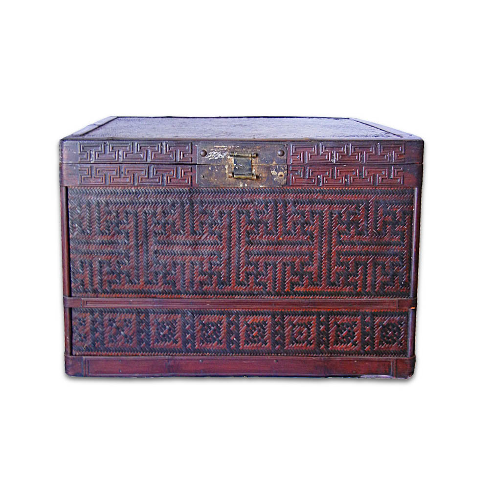13951 Excellent Antique Bamboo Woven Carrying Book Storage Chest
